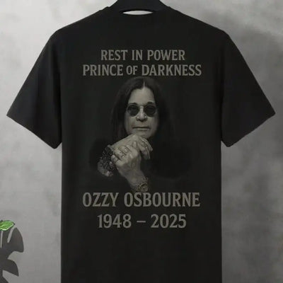 Ozzy Osbourne tribute t-shirt featuring 'Rest In Power Prince of Darkness' and his years 1948-2025, lightweight black tee.