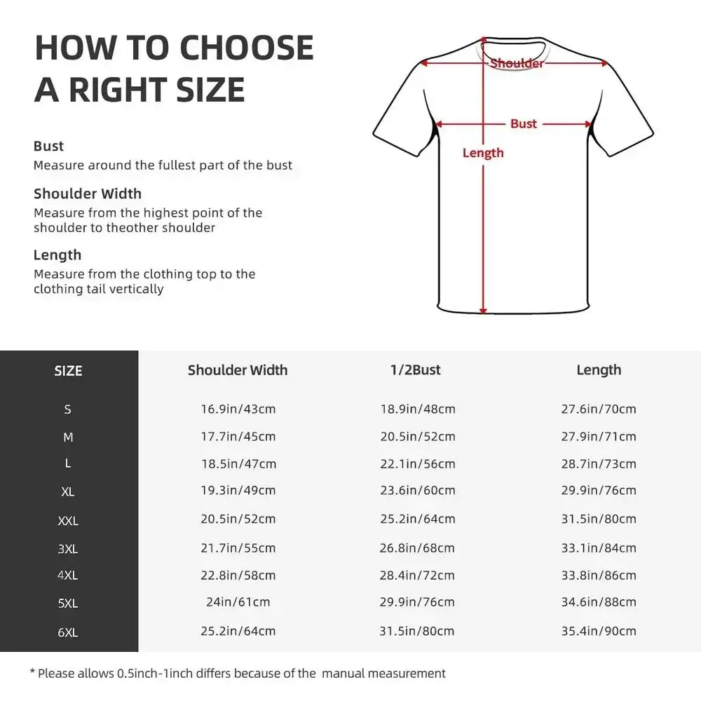 Size chart for AEW ALL IN LIVE T-shirt, detailing measurements for bust, shoulder width, and length for various sizes.