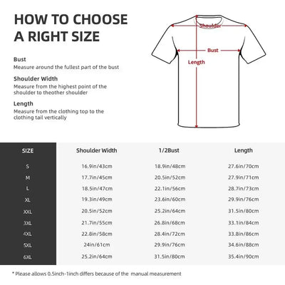 Size chart for AEW ALL IN LIVE T-shirt, detailing measurements for bust, shoulder width, and length for various sizes.