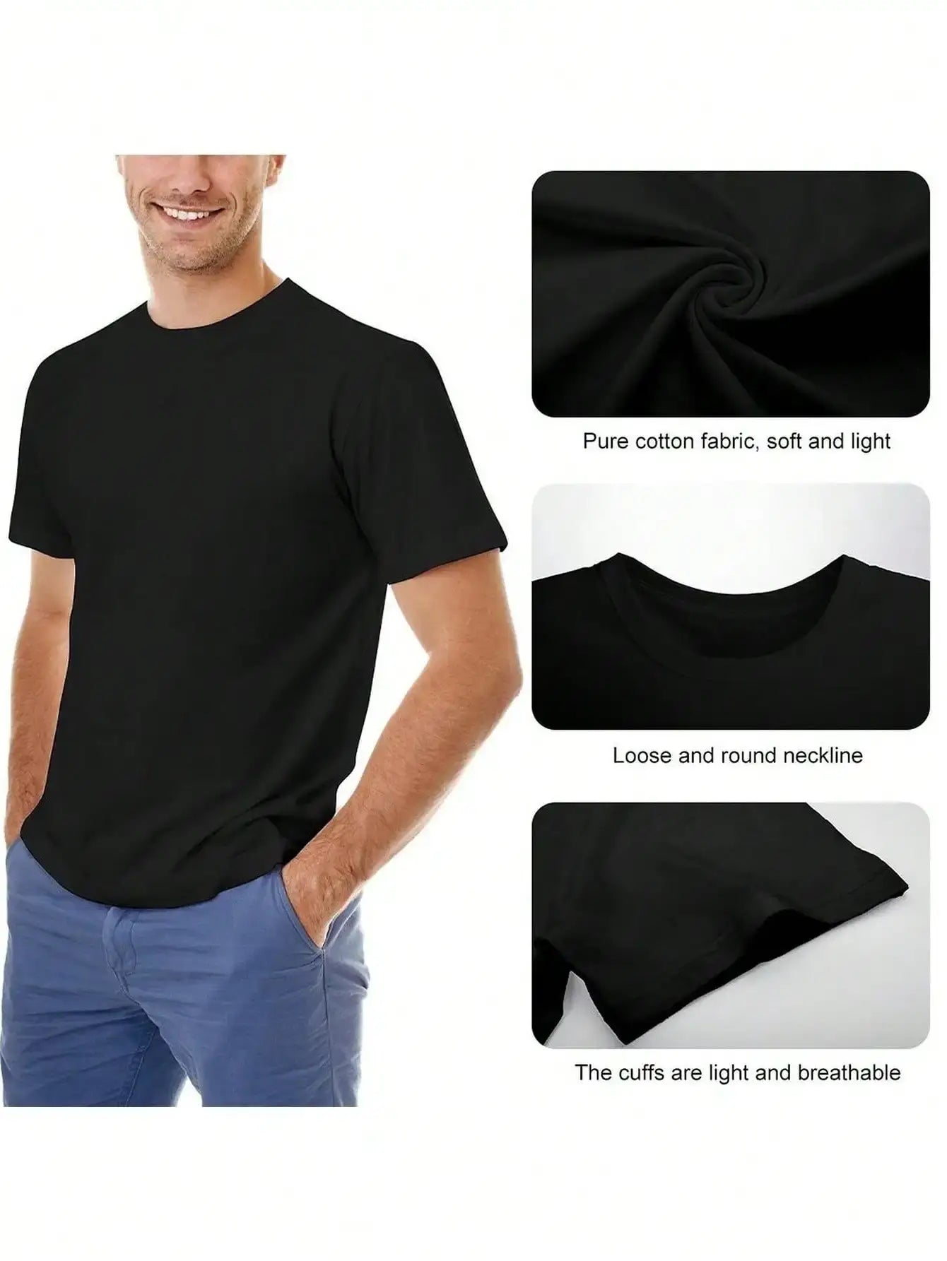 Men's black cotton t-shirt featuring soft fabric, loose round neckline, and breathable cuffs for comfort.