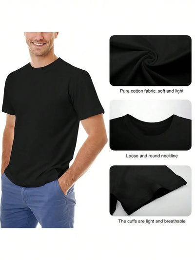 Men's black cotton t-shirt featuring soft fabric, loose round neckline, and breathable cuffs for comfort.