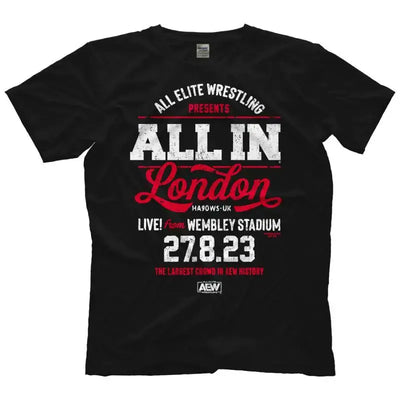 AEW All In Live from Wembley Stadium official T-shirt by BONEHEAD PRO-CREATIONS, black cotton tee with vibrant print.