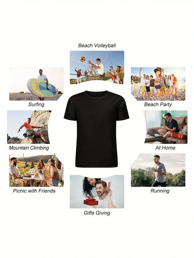Men's black cotton tee featured in summer activities like surfing, beach parties, and picnic with friends.
