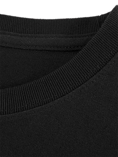 Close-up of the round neck detail on a black cotton t-shirt from BONEHEAD PRO-CREATIONS, showcasing its fabric texture.