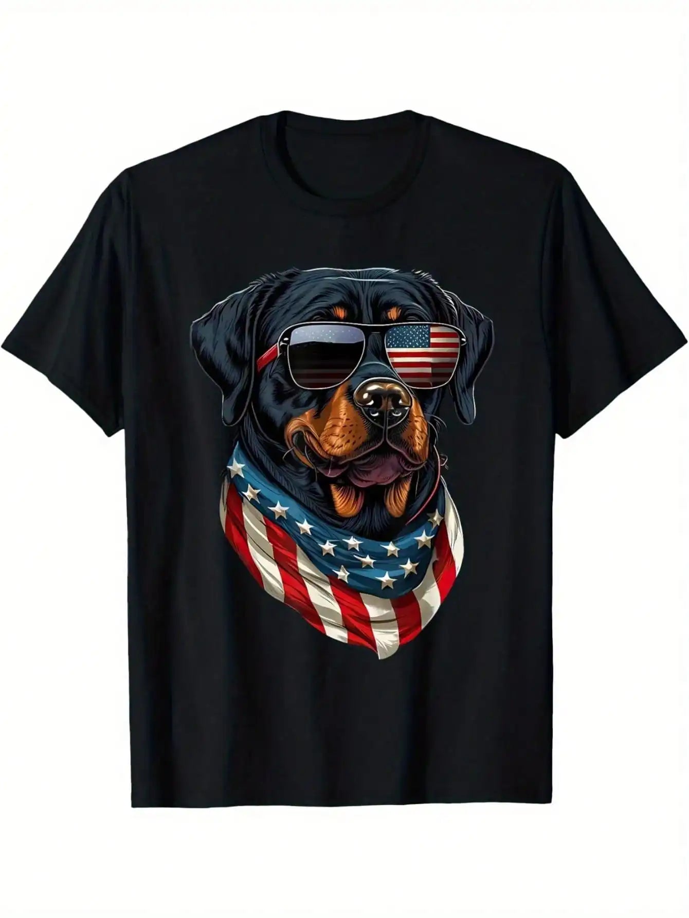 Patriotic Rottweiler graphic on a black cotton t-shirt with American flag sunglasses for 4th of July celebrations.