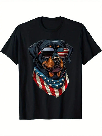 Patriotic Rottweiler graphic on a black cotton t-shirt with American flag sunglasses for 4th of July celebrations.