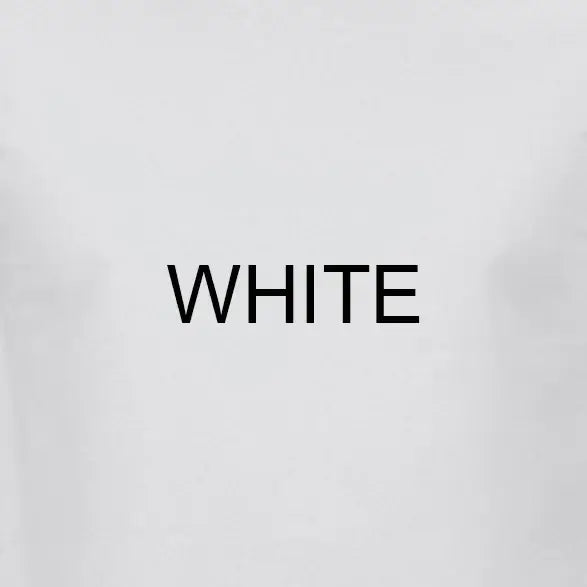White t-shirt featuring bold black text reading 'WHITE', perfect for casual wear.