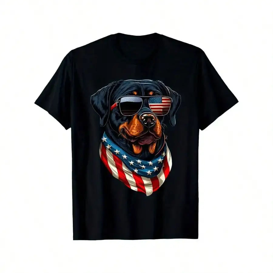 Patriotic Rottweiler graphic on black tee with American flag sunglasses and bandana, perfect for 4th of July celebrations.