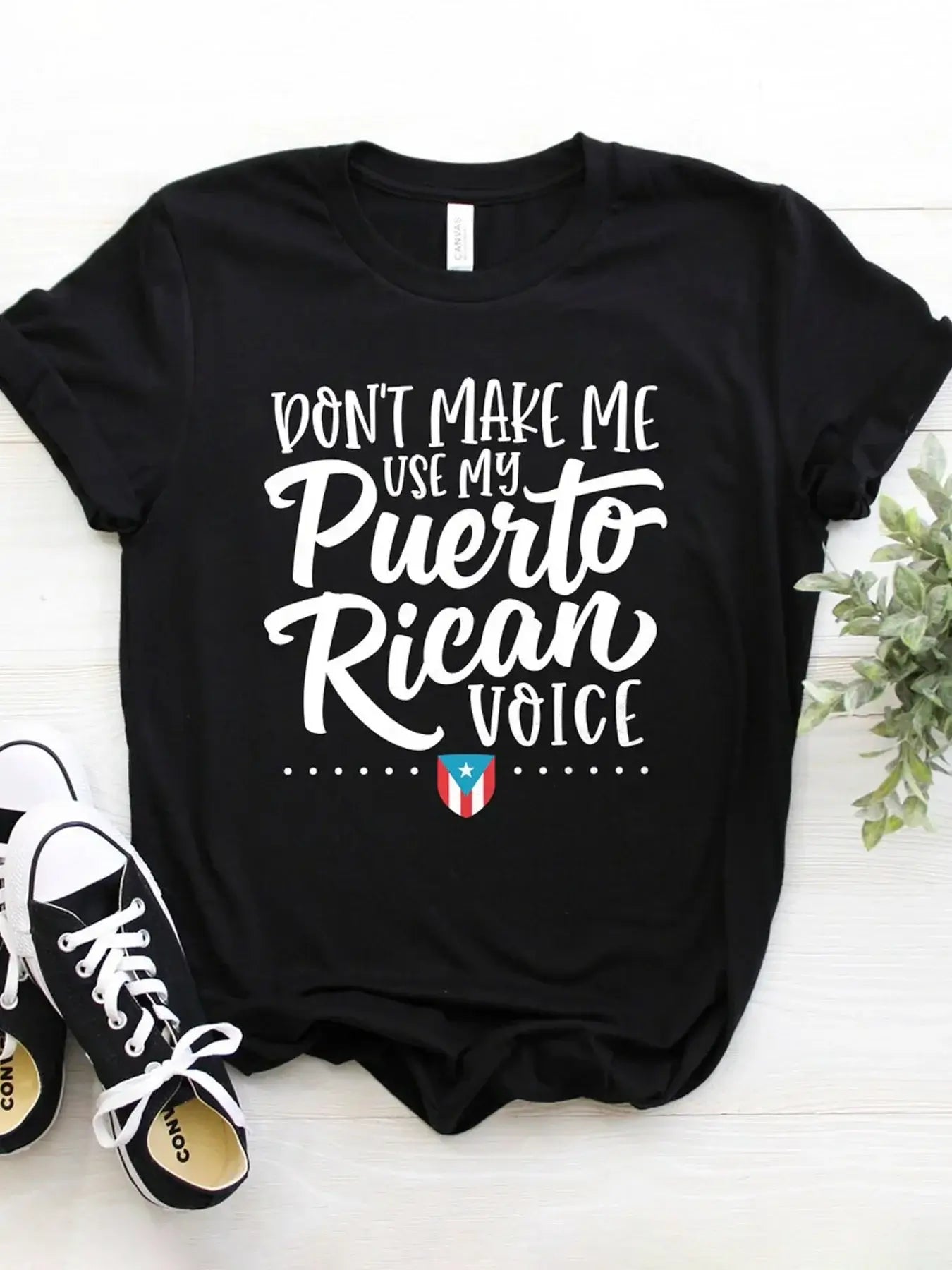 Cotton Puerto Rican voice print tee by BONEHEAD PRO-CREATIONS, casual black t-shirt for all seasons.
