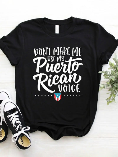 Cotton Puerto Rican voice print tee by BONEHEAD PRO-CREATIONS, casual black t-shirt for all seasons.
