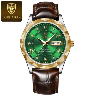 Men's luxury green quartz wristwatch with brown leather strap and gold accents by POEDAGAR.