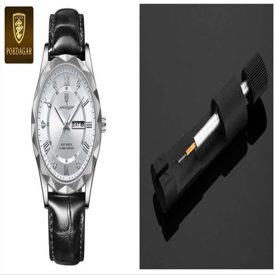 Luxury men's watch with a silver face and black leather strap, featuring the Poedagar logo.