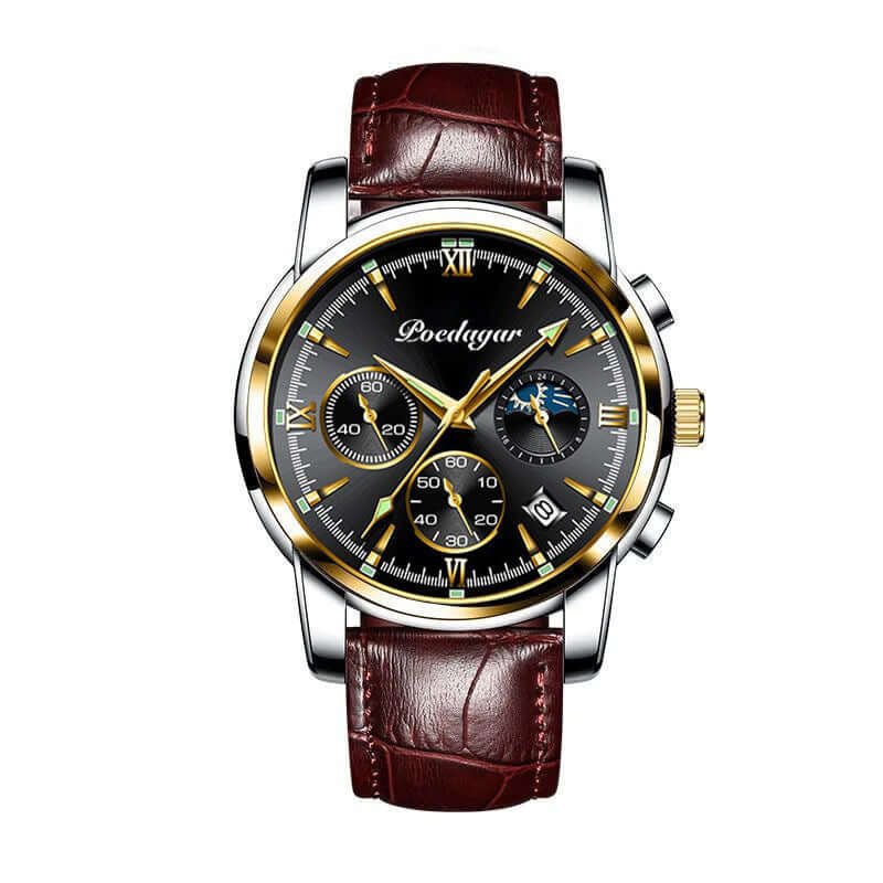 Multifunctional men's quartz watch with gold and black dial, brown leather strap, BONEHEAD PRO-CREATIONS.