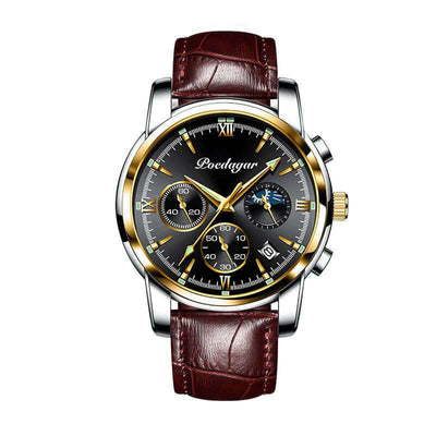 Multifunctional men's quartz watch with gold and black dial, brown leather strap, BONEHEAD PRO-CREATIONS.