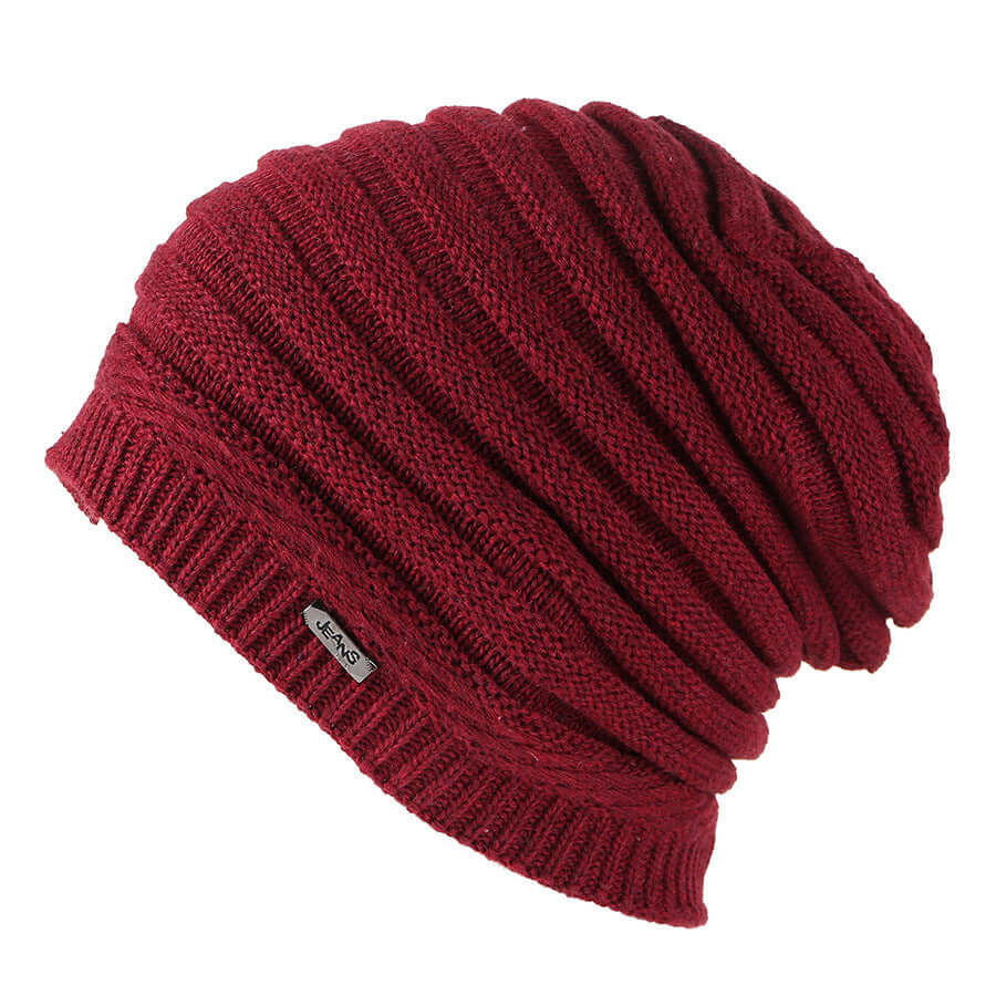 Fashionable burgundy slouchy beanie hat by BONEHEAD PRO-CREATIONS, designed for warmth and style.