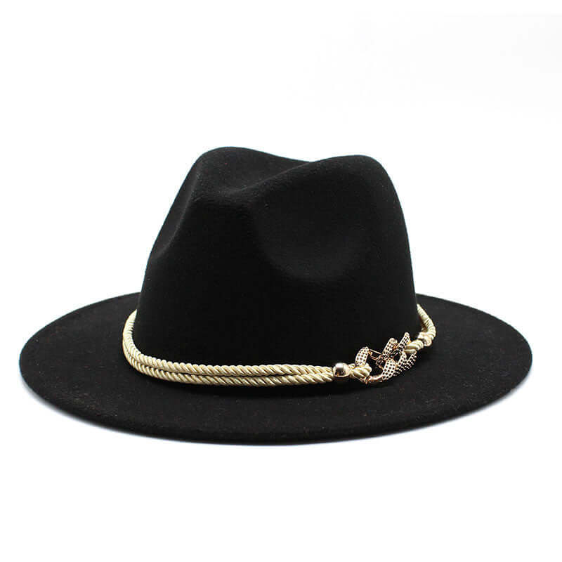 Stylish black women's fedora hat with a gold chain accent from BONEHEAD PRO-CREATIONS, perfect vintage accessory.