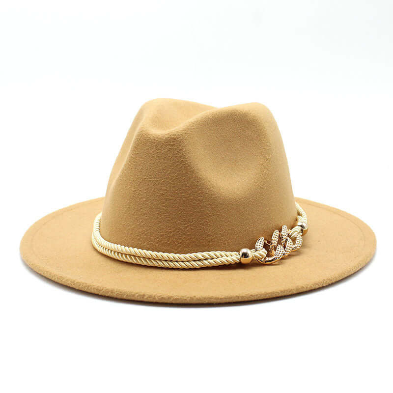 Women's Fedora Hat in tan with decorative rope trim by BONEHEAD PRO-CREATIONS, stylish vintage accessory.