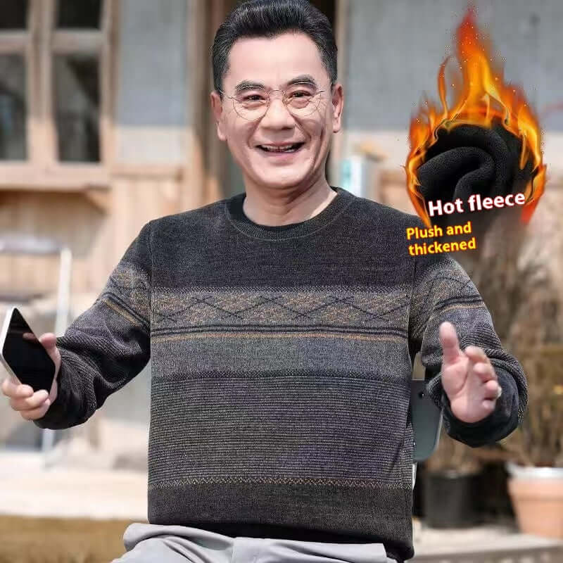 Middle-aged man in a warm fleece-lined sweater, showcasing comfort and style for winter leisure wear.