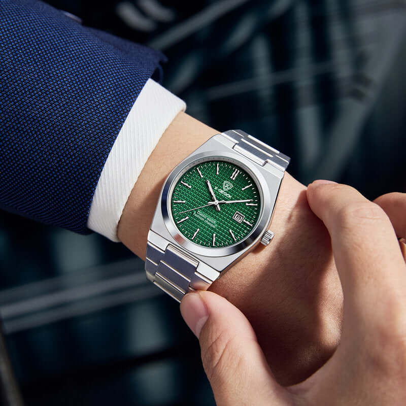 Men's quartz watch with green surface and steel band, showcasing BONEHEAD PRO-CREATIONS style on a wrist.