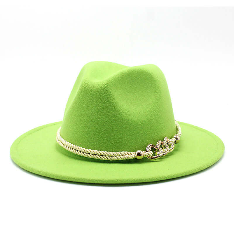 Green woolen women's fedora hat with decorative gold chain, British vintage style from BONEHEAD PRO-CREATIONS.
