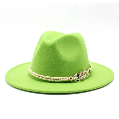 Green woolen women's fedora hat with decorative gold chain, British vintage style from BONEHEAD PRO-CREATIONS.