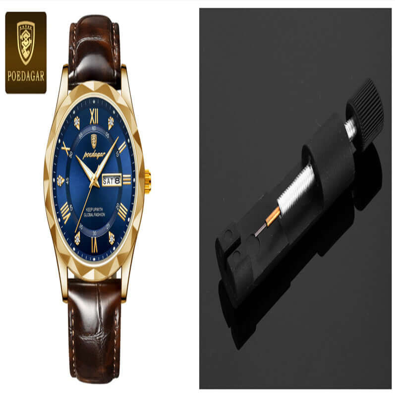 Luxury quartz wrist watch with gold accents and brown leather strap, alongside a watch tool for adjustments.