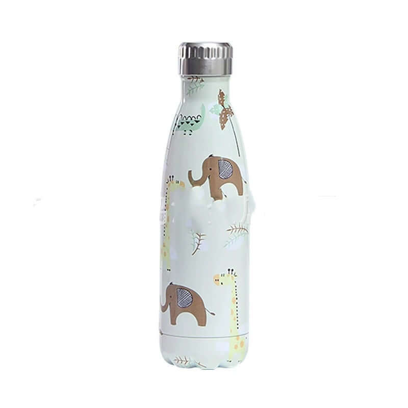 Stainless steel water cup with cute animal design featuring elephants and giraffes, perfect for hydration on the go.