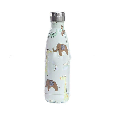 Stainless steel water cup with cute animal design featuring elephants and giraffes, perfect for hydration on the go.