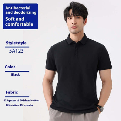 Men's antibacterial black short sleeve polo shirt, made of soft cotton and spandex, perfect for summer casual wear.