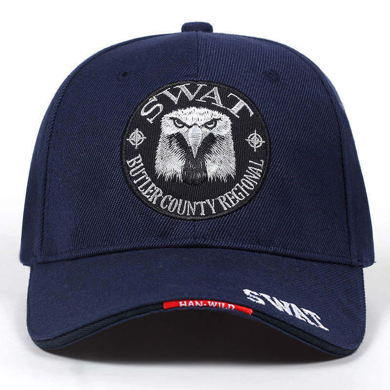 Navy blue baseball cap with embroidered SWAT logo and eagle design, perfect for outdoor wear and casual fashion.