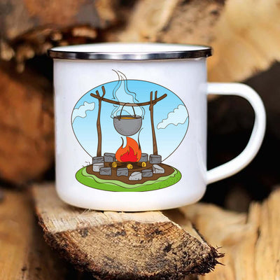 Caravan printed camper mug featuring a campfire design, perfect for camping and outdoor adventures.
