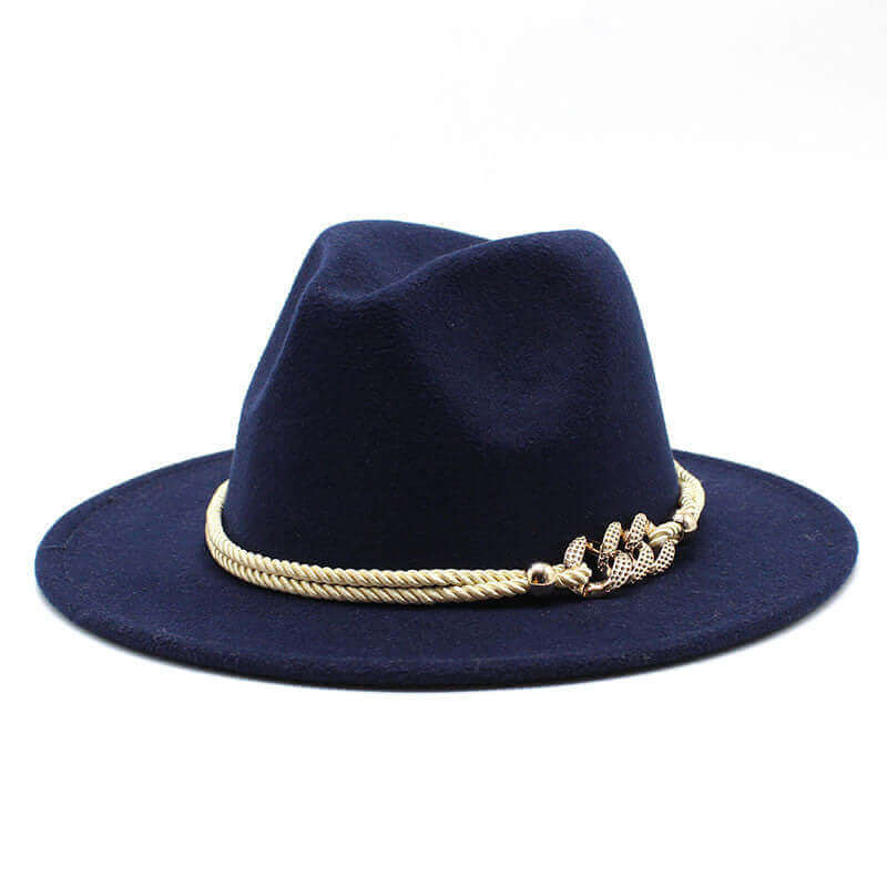 Navy blue women's fedora hat with gold chain detail from BONEHEAD PRO-CREATIONS, perfect vintage fashion accessory.