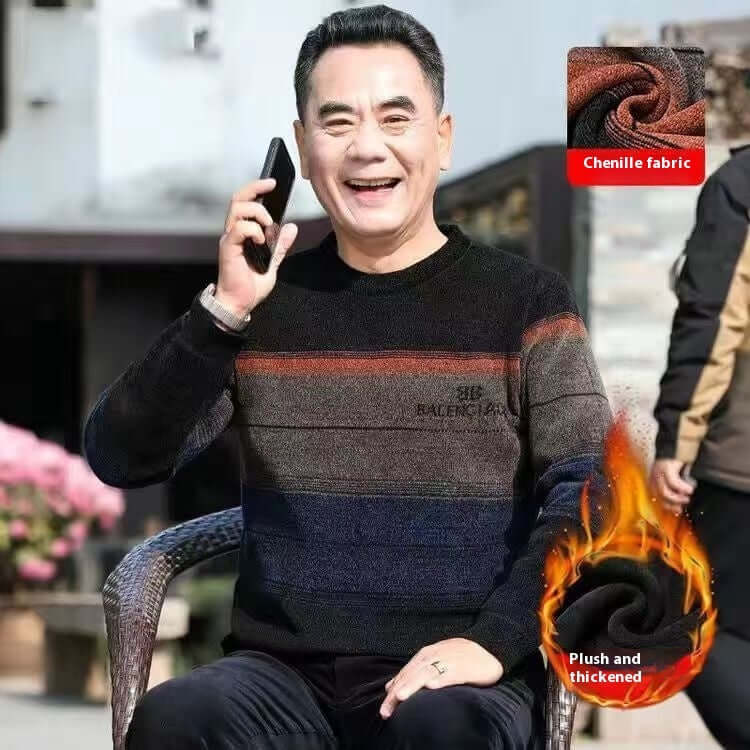Middle-aged man wearing a fleece-lined chenille sweater, smiling and talking on smartphone outdoors in winter.