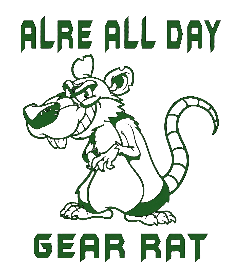 Cartoon gear rat character with text 'ALRE ALL DAY GEAR RAT', representing BONEHEAD PRO-CREATIONS aviation design.