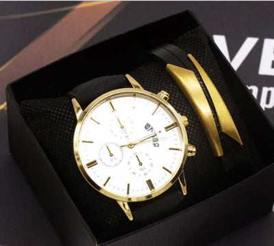 Men's quartz fashion watch set in black and gold packaging from BONEHEAD PRO-CREATIONS, perfect for business and casual wear.