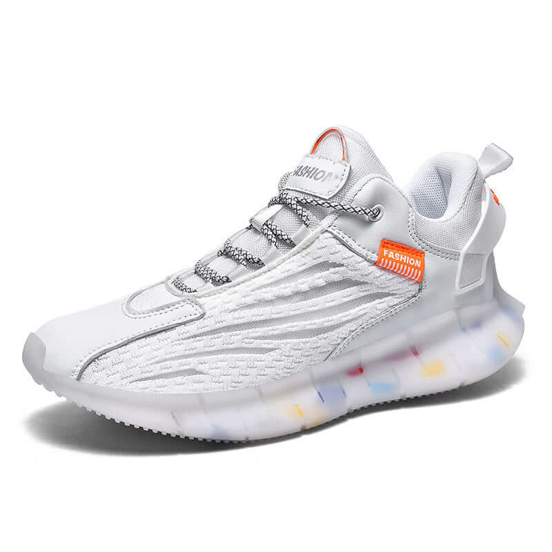 Breathable white sports shoes with colorful sole, lightweight design, perfect for casual running and trendy fashion.