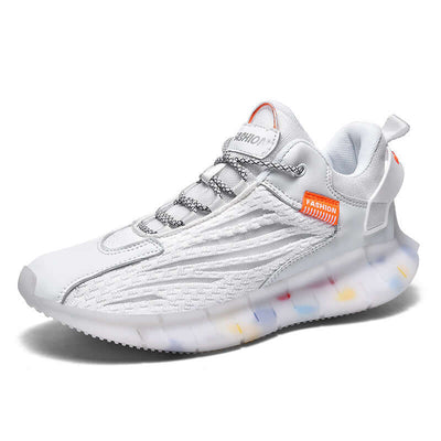 Breathable white sports shoes with colorful sole, lightweight design, perfect for casual running and trendy fashion.