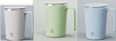 Colorful Kitchen Electric Mixing Cups, automatic stirring mugs in pastel gray, green, and blue for convenient beverage mixing.