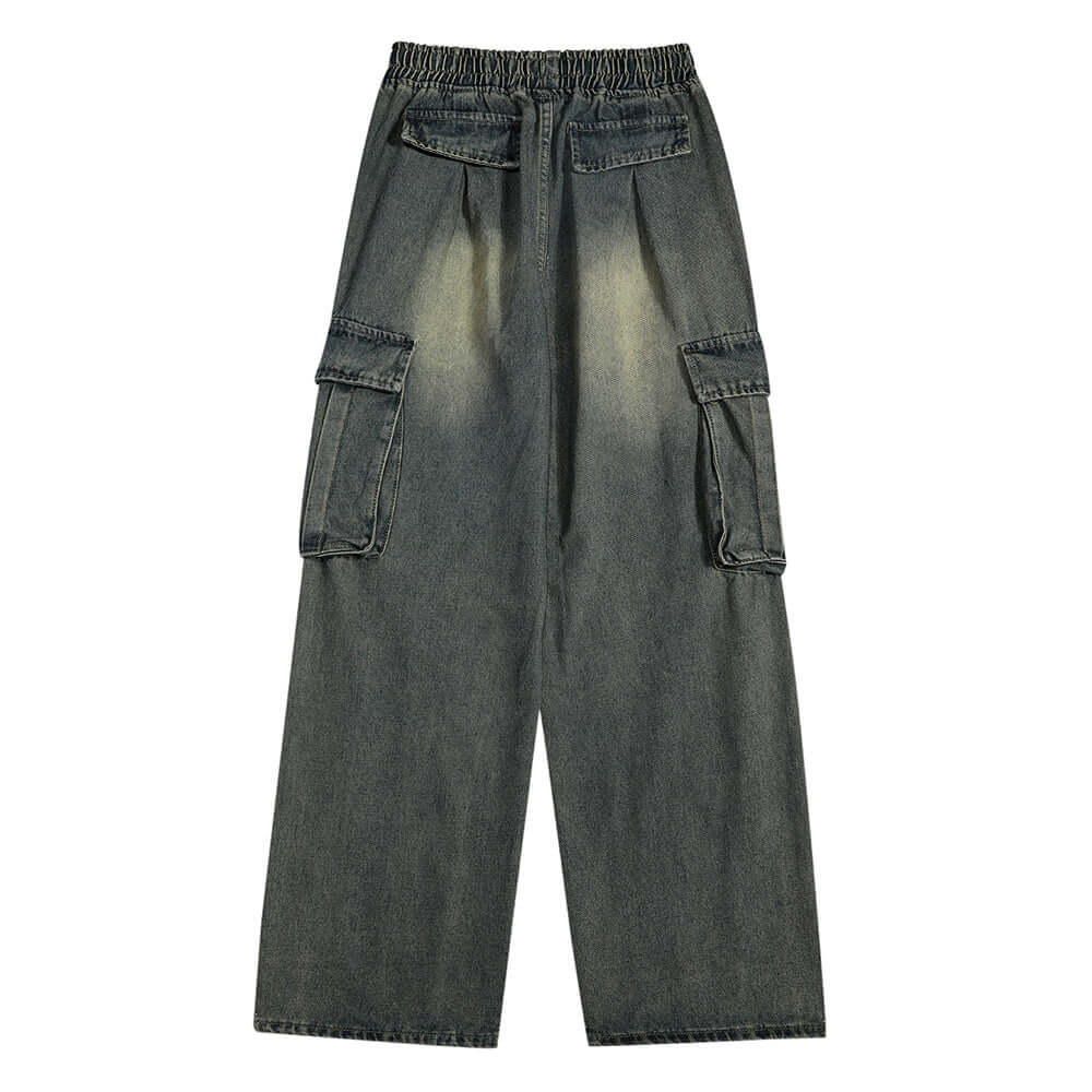 Men's denim cargo trousers in gray with elastic waistband, suitable for youth, available in sizes M, L, XL.