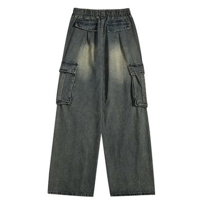Men's denim cargo trousers in gray with elastic waistband, suitable for youth, available in sizes M, L, XL.