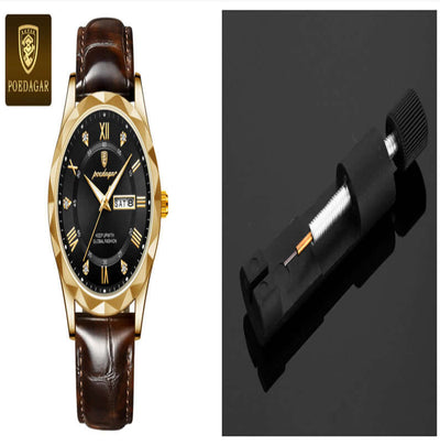 Luxury gold and black men’s wristwatch with brown leather strap and a watch tool from BONEHEAD PRO-CREATIONS.