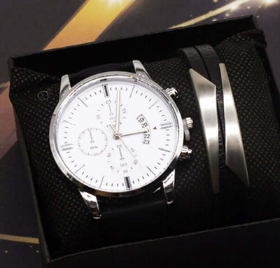 Men's quartz watch set from BONEHEAD PRO-CREATIONS featuring a silver watch and stylish accessories in a luxury box.