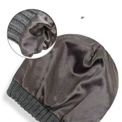 Warm woolen knit satin hat for women, featuring a cozy dome style, perfect for winter and autumn by BONEHEAD PRO-CREATIONS.