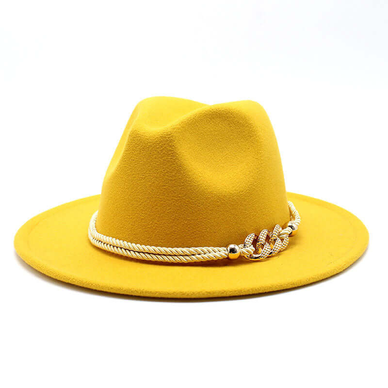 Bright yellow women's fedora hat with decorative rope band by BONEHEAD PRO-CREATIONS, fashion accessory for vintage style.