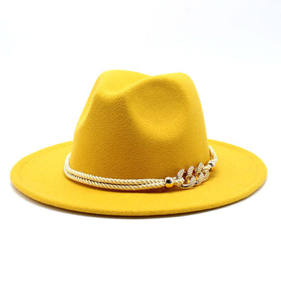 Bright yellow women's fedora hat with decorative rope band by BONEHEAD PRO-CREATIONS, fashion accessory for vintage style.