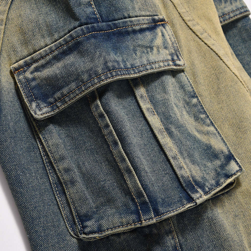 Close-up of men's denim pocket jeans in dark blue color, showcasing textured fabric and relaxed style.
