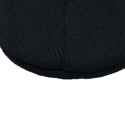 Close-up view of a black knitted hat from BONEHEAD PRO-CREATIONS, designed for warmth and comfort in cold weather.