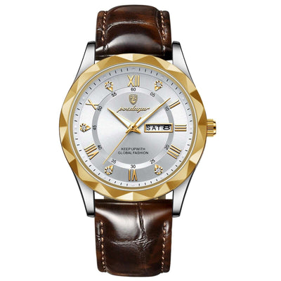 Luxury men's wristwatch with brown leather band and gold-accented silver dial by BONEHEAD PRO-CREATIONS.