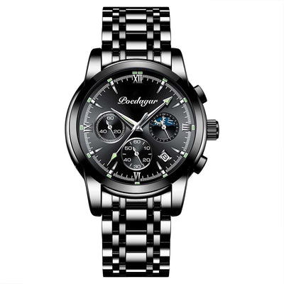 Multifunctional men's watch with black dial, chronograph, and steel bracelet by BONEHEAD PRO-CREATIONS.