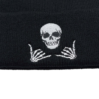 Black knitted hat with skull and skeleton hand emblem, perfect for both men and women, BONEHEAD PRO-CREATIONS.